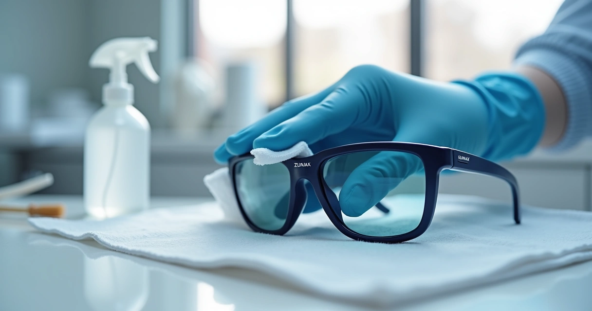 Profissional de odontologia higienizando lupa binocular Zumax com pano de microfibra 