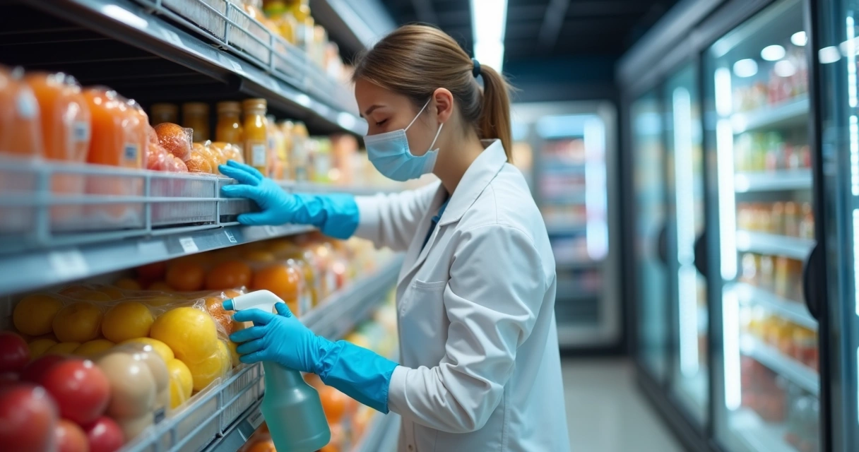 Profissional higienizando prateleiras de mini mercado 