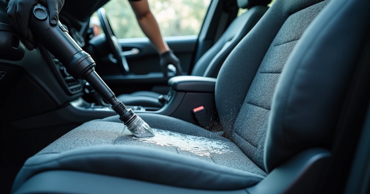 Técnico usando máquina de limpeza em banco de tecido automotivo 