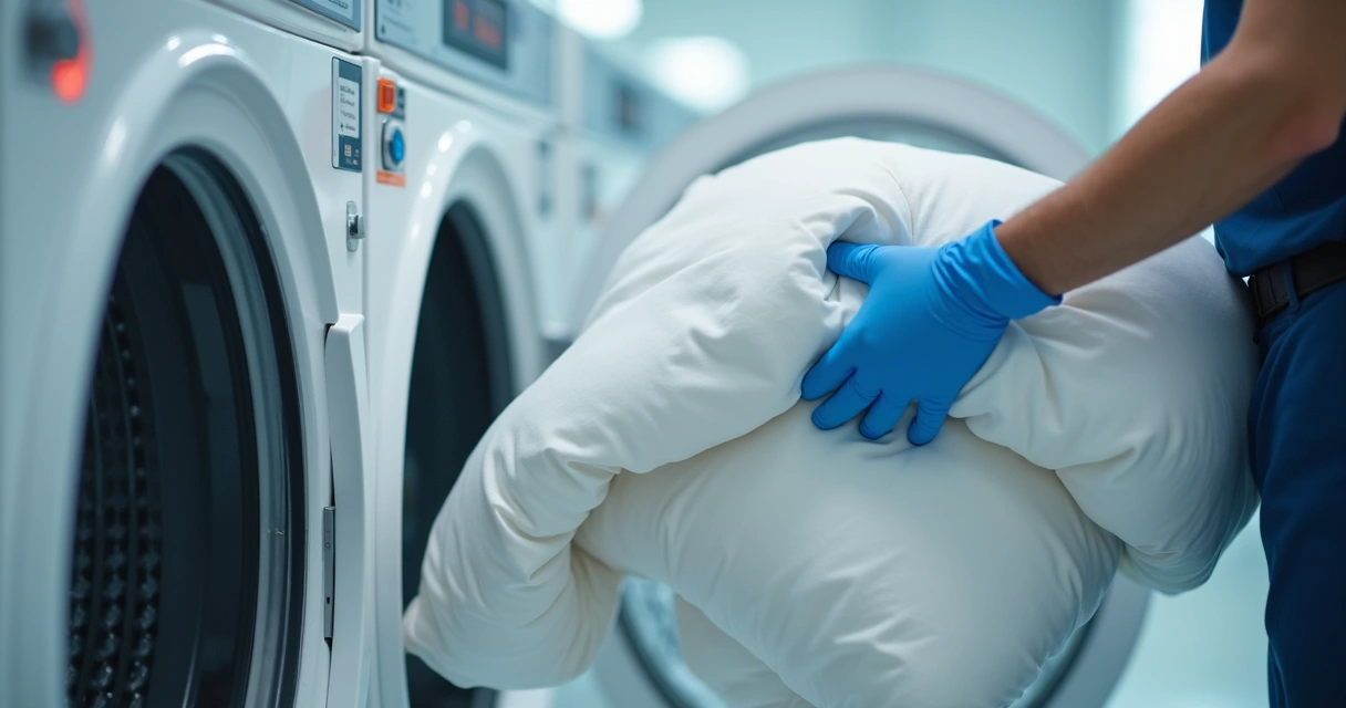 Profissional em lavanderia utilizando equipamento industrial para higienização de edredom. 