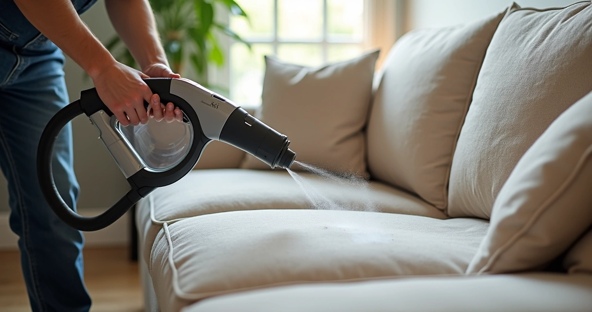 Profissional higienizando sofá com equipamento especializado 
