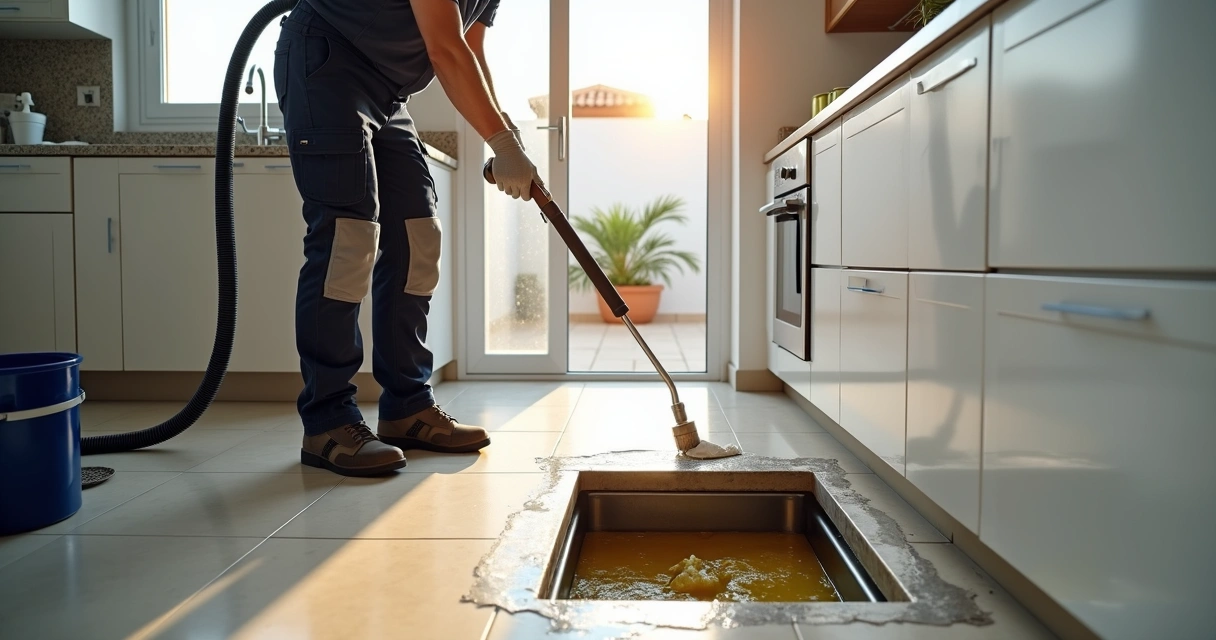 Canalizador a limpar caixa de gordura doméstica com equipamento profissional 