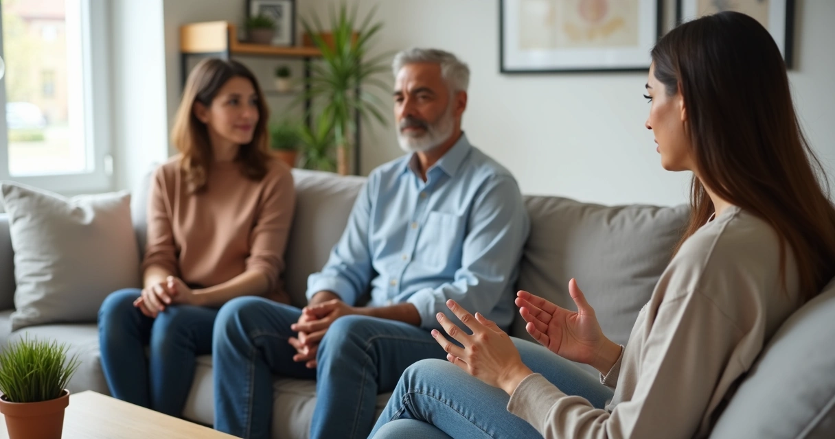 Mujer joven hablando con sus padres sentados en un sofá manteniendo distancia respetuosa 