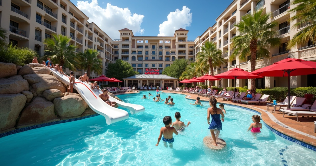 Families at Hilton Anatole resort pool with July Fourth decorations and food 