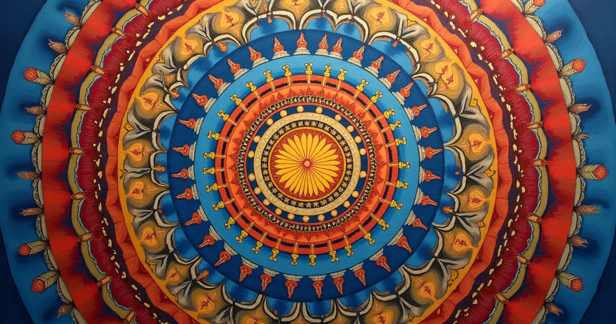 Mandala colorida representando o ciclo do samsara e libertação espiritual 