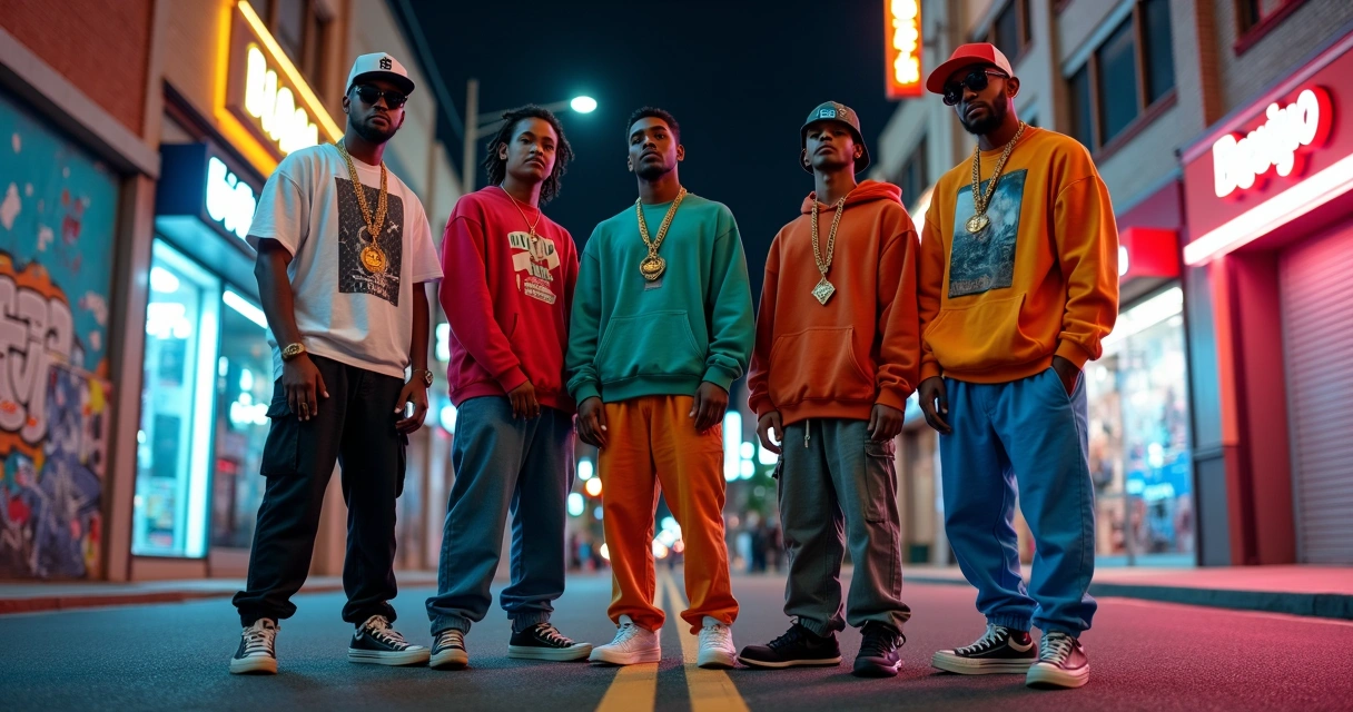 Grupo jovem com roupas streetwear inspiradas no hip hop em rua urbana à noite 