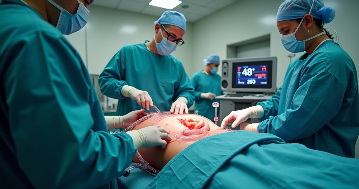 Equipe cirúrgica realizando HIPEC em câncer colorretal em sala de cirurgia moderna 