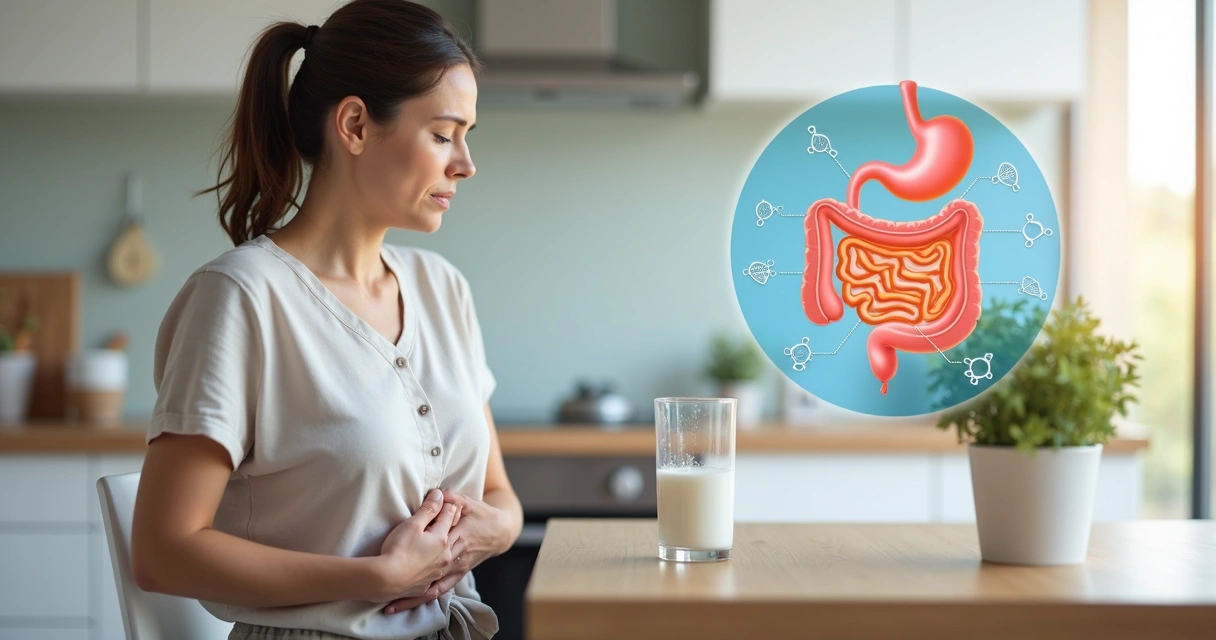 Mulher adulta com desconforto abdominal segurando copo de leite ao lado de ilustração do intestino 