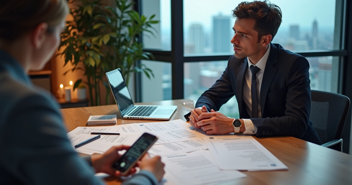 Business leader reviewing resumes on a desk with digital devices
