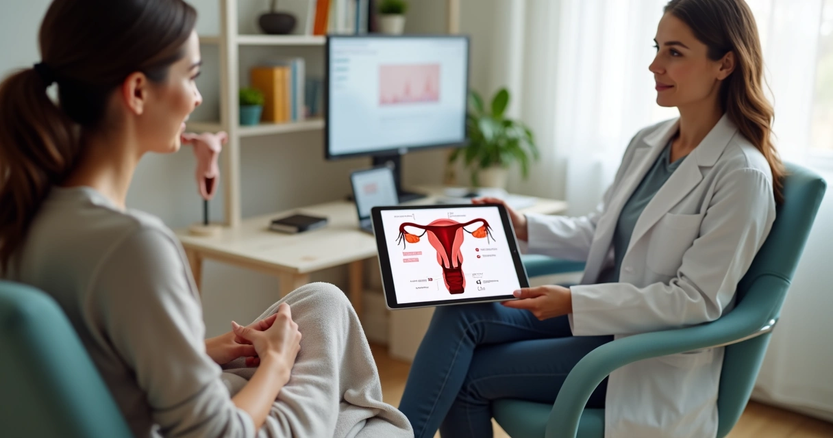Médico mostrando em tablet diferenças entre histeroscopia diagnóstica e cirúrgica com ilustração do útero 