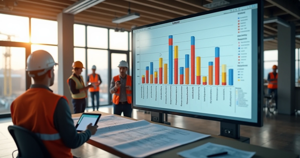 Histograma detalhado mostrando equipes de construção alocadas por períodos em canteiro de obras com gráficos coloridos e trabalhadores ao fundo 