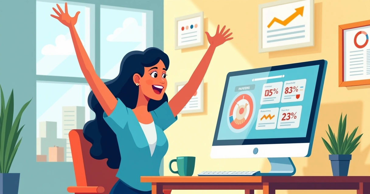 Mulher animada ao computador vendo dashboard com divisões de pagamento para sócios e fornecedores 