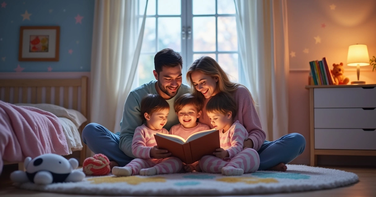 Quarto infantil com luz suave e família reunida para leitura 