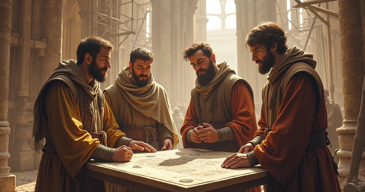 Desenho antigo com engenheiros e arquitetos trabalhando em uma catedral medieval 