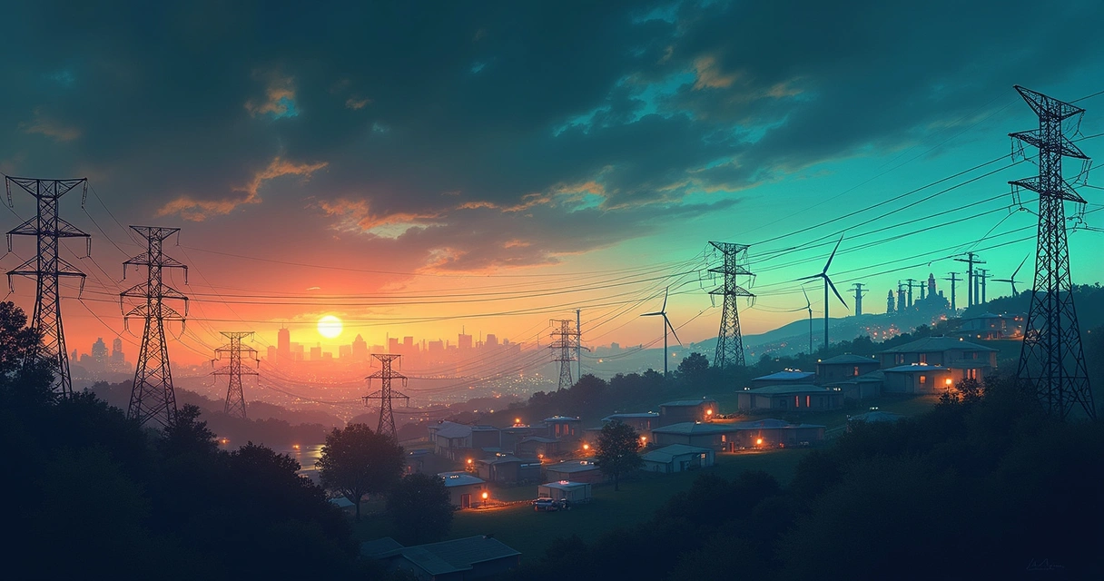 Ilustração de uma linha do tempo mostrando a evolução da energia elétrica, desde postes e usinas antigas, chegando a sistemas solares modernos 