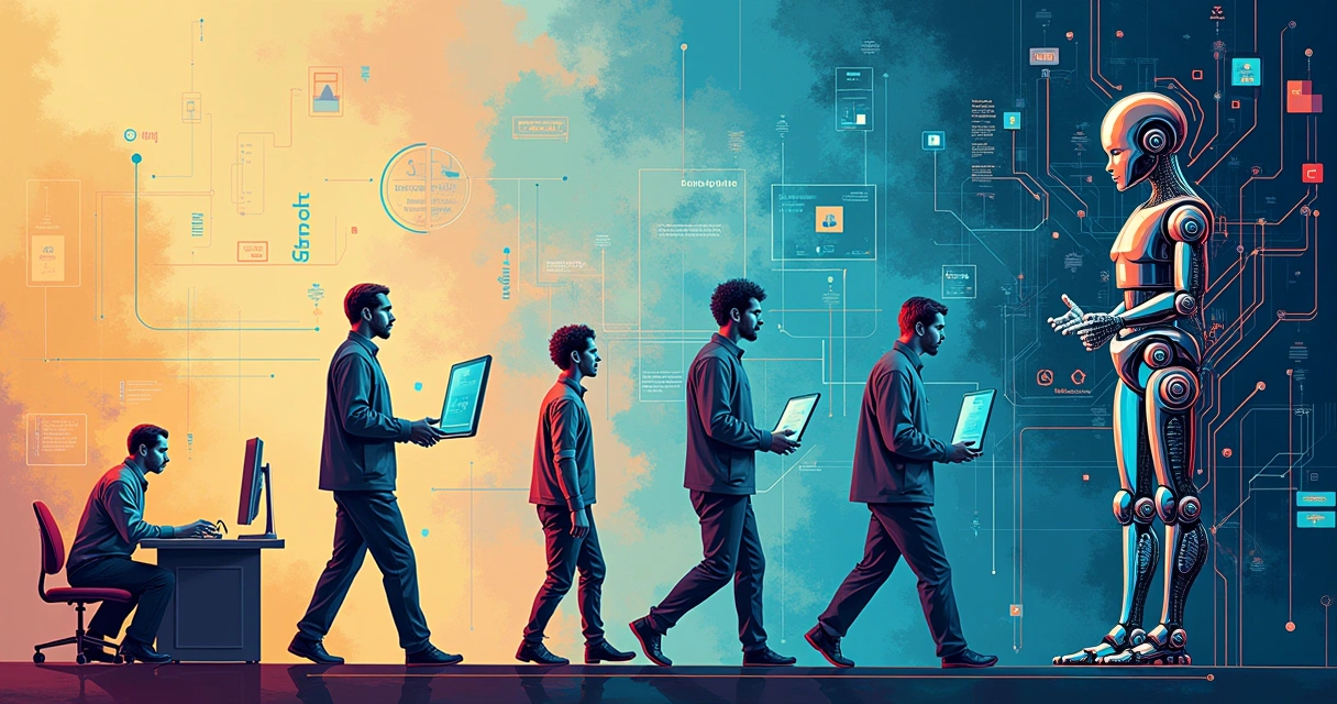 Ilustração da evolução da inteligência artificial com ícones do passado e presente em um mural cronológico.