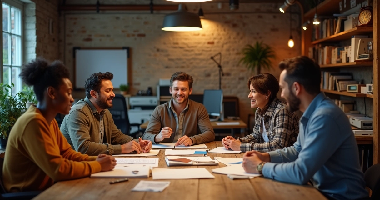 Equipe reunida em escritório antigo contando começo da empresa 