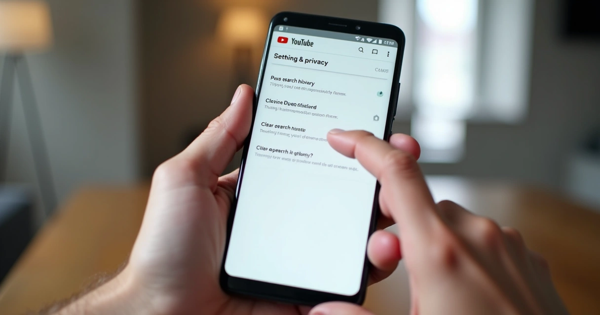 Pessoa usando celular para apagar histórico de busca no YouTube, mostrando tela de configurações. 