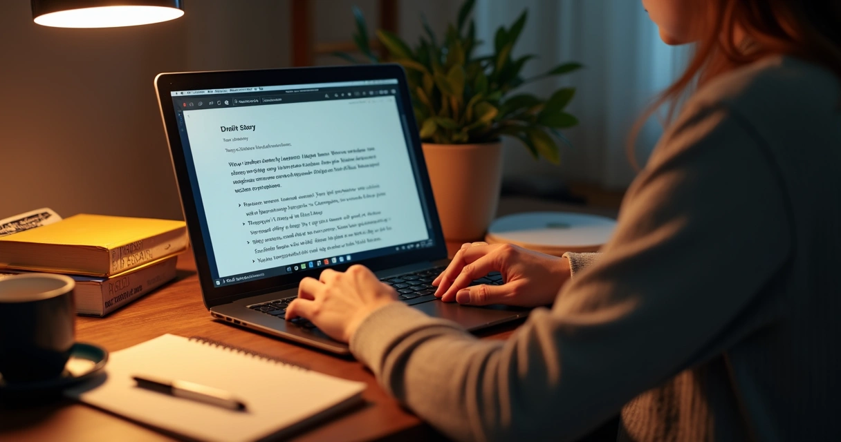 Pessoa digitando email, tela do notebook mostra texto com narrativa 