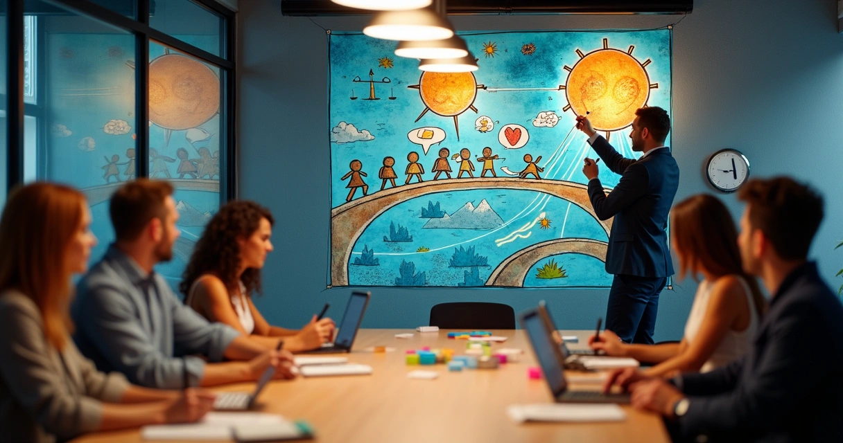 Profissional desenhando jornada de equipe consciente em mural colorido 