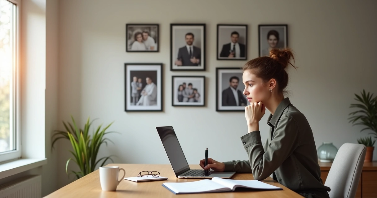 Profissional sentado em escritório moderno refletindo diante de parede com fotos de família 