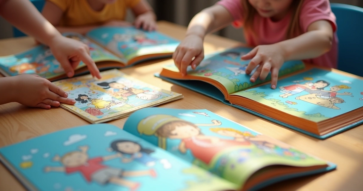 Livros infantis abertos mostrando ilustrações de diferentes personagens