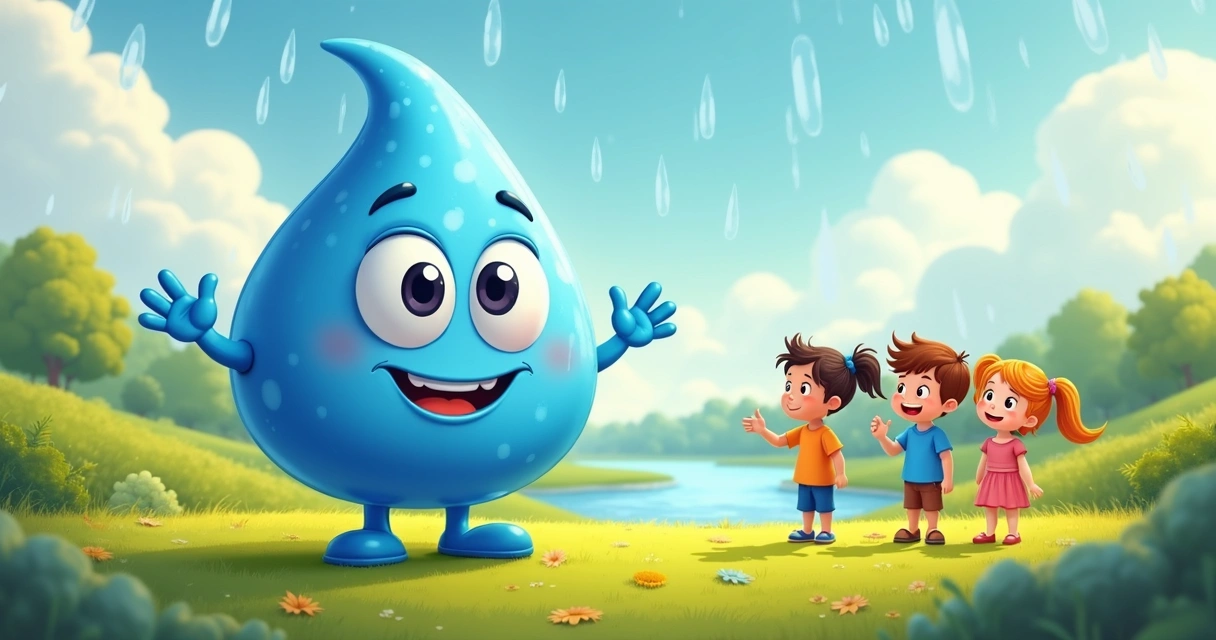 Ilustração de uma gota d'água sorridente ensinando crianças sobre o ciclo da água