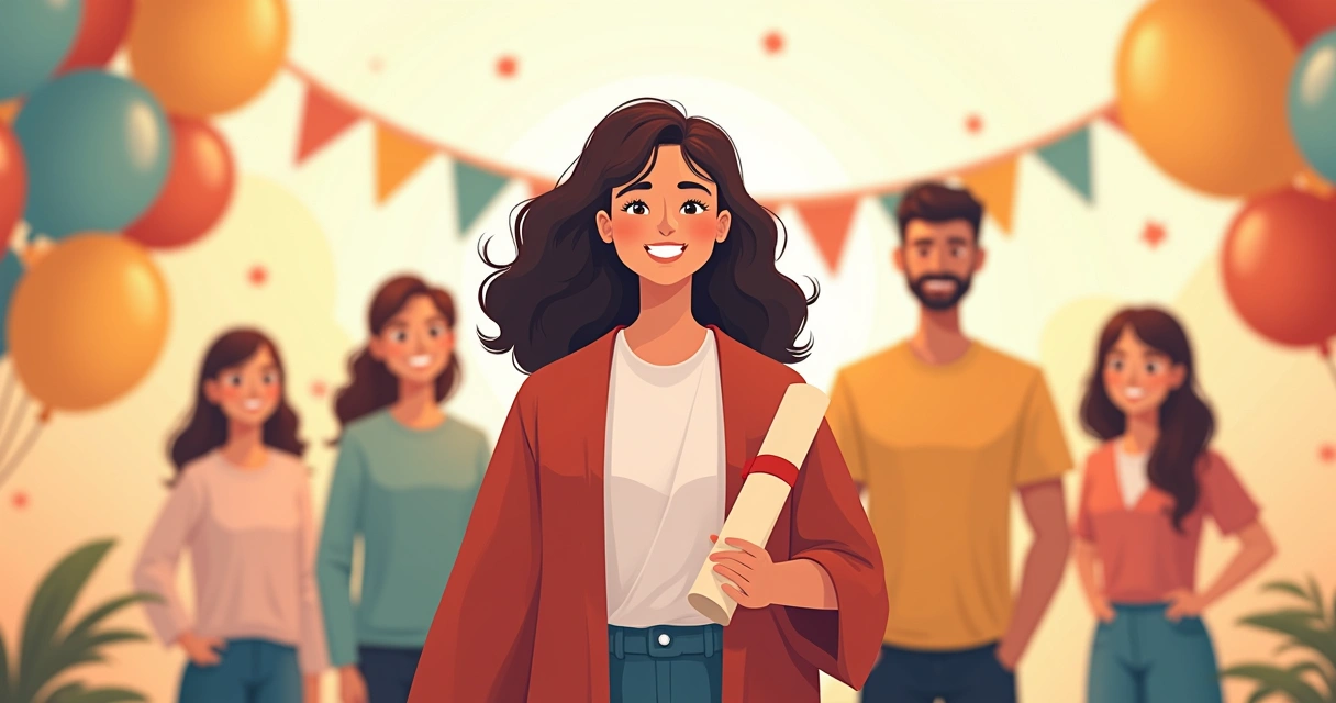 Jovem sorridente segurando diploma e sendo parabenizada por família 