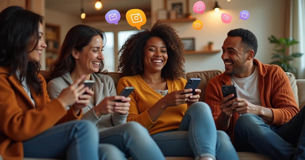 Grupo de pessoas reunidas em círculo, compartilhando histórias em ambiente descontraído com celulares em mãos e elementos digitais flutuando ao redor 