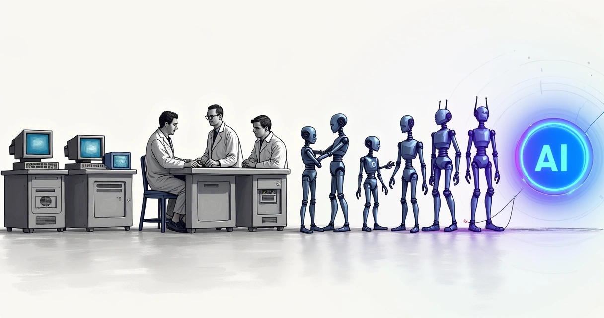 Linha do tempo com imagens de computadores antigos, cientistas e robôs clássicos 