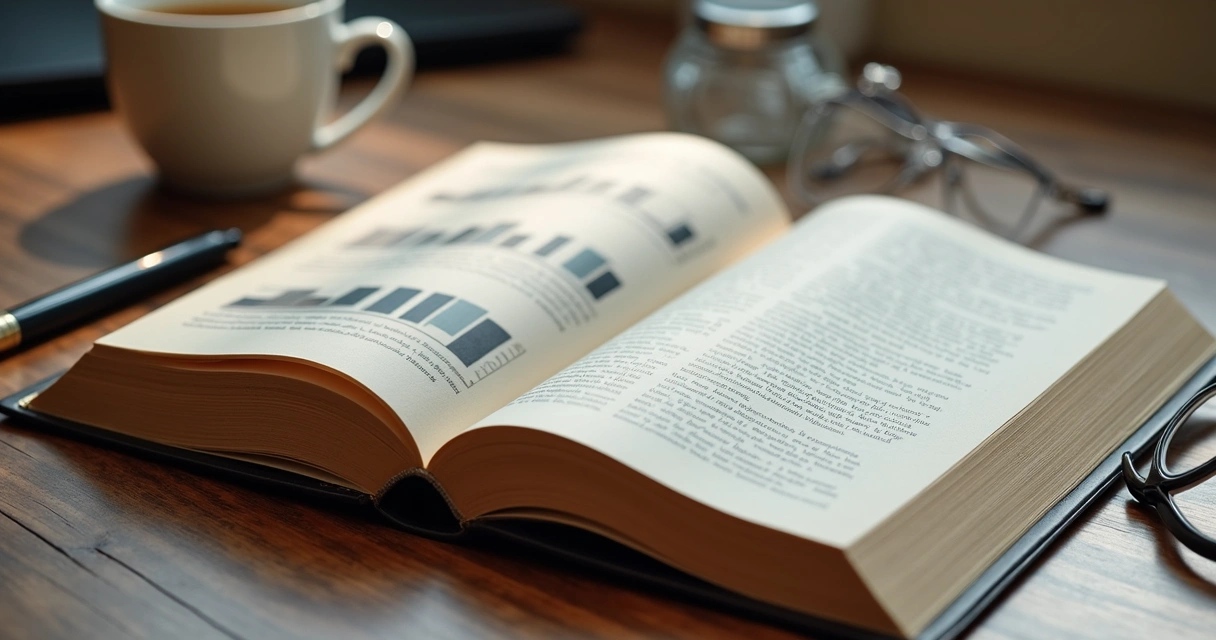 Livro aberto com páginas mostrando dados e histórias de negócios 