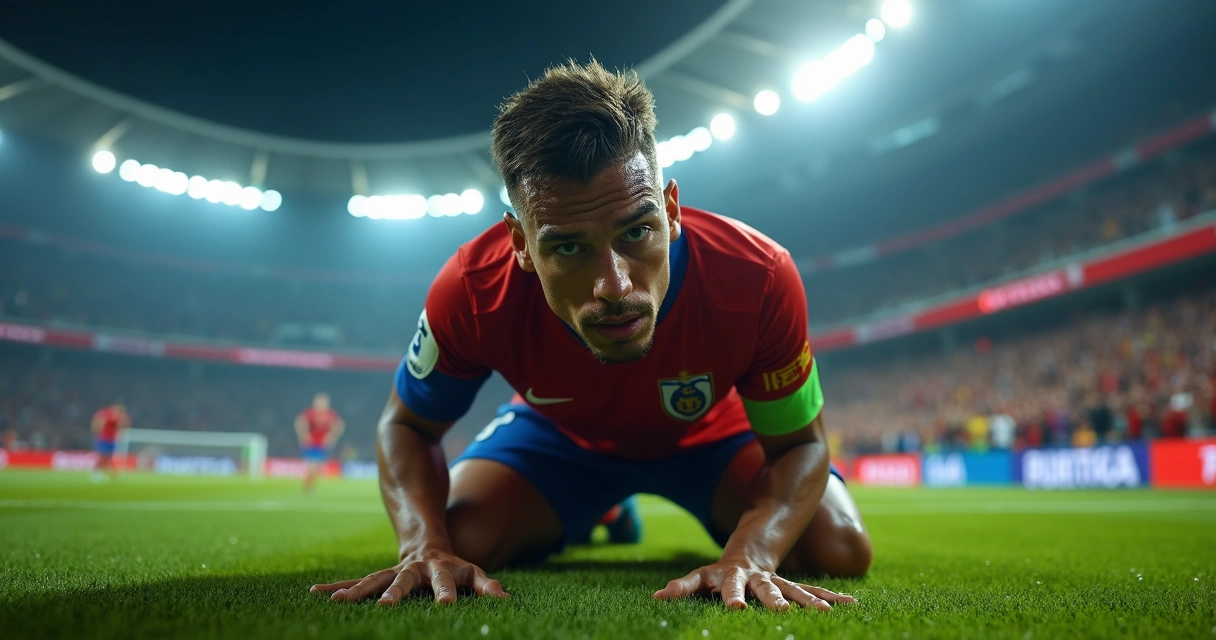 Jogador de futebol ajoelhado no gramado sorrindo emocionado após vitória. 