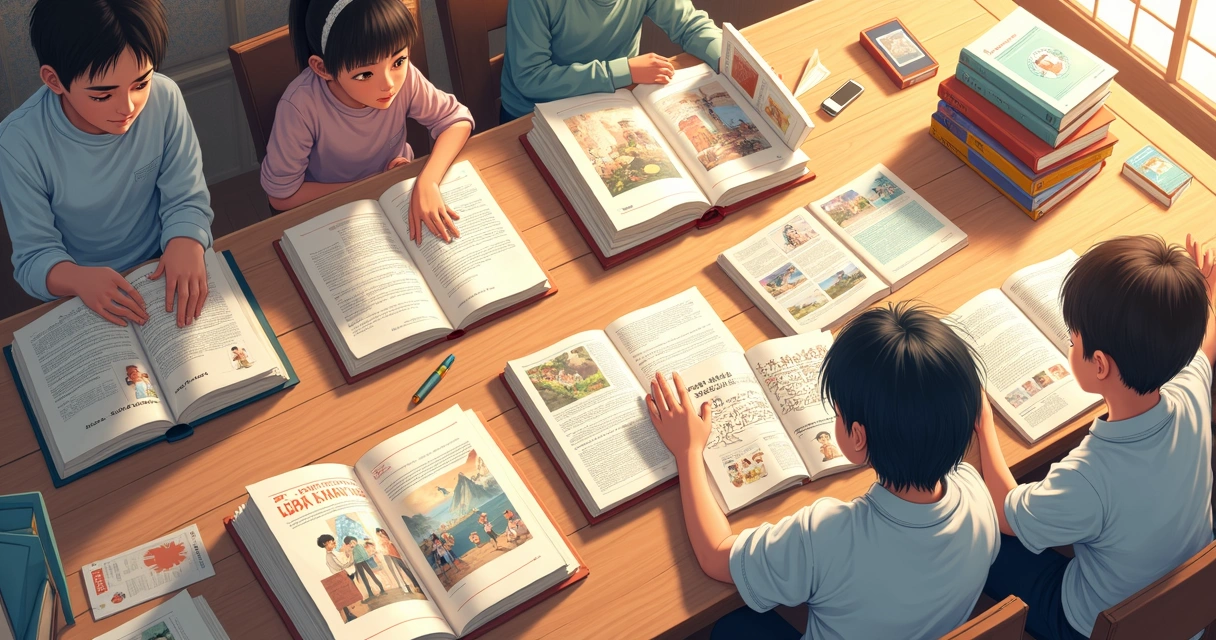 Livros japoneses ilustrados em uma mesa 