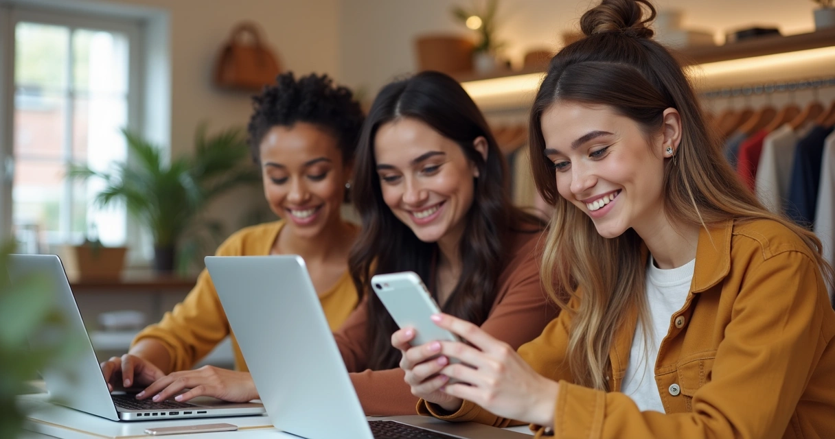 Pequena equipe de loja de acessórios trabalhando em computador e celular para redes sociais 