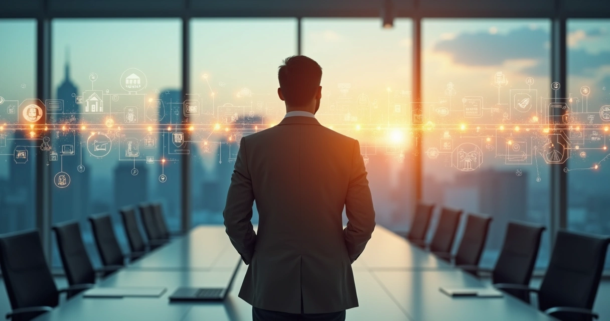 Líder empresarial observando linha do tempo com símbolos de infância e decisões corporativas 