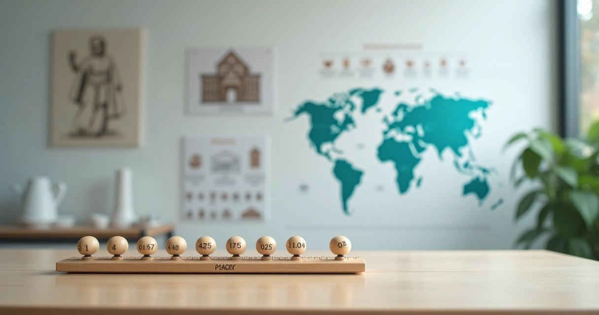 Orquidômetro sobre mesa médica com ilustração histórica de padrões mundiais ao fundo 