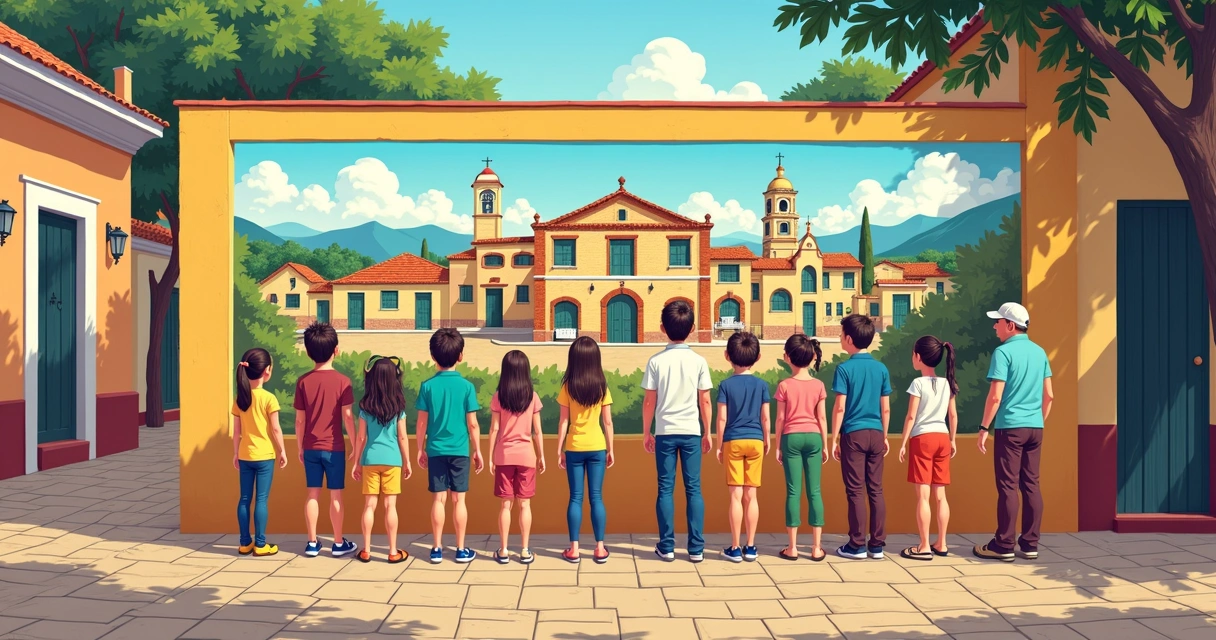 Painel ilustrando história popular em bairro antigo 