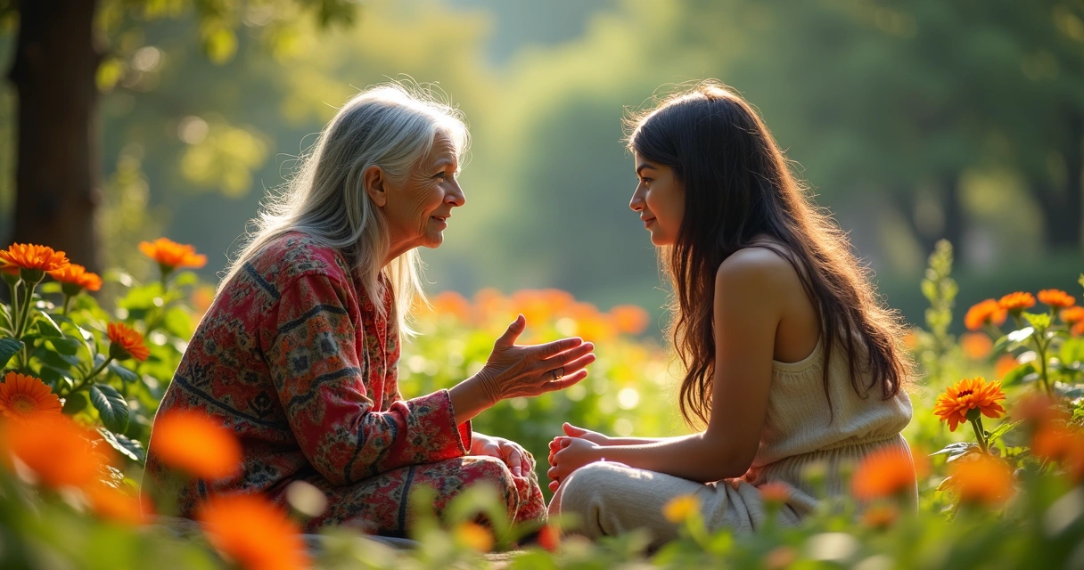 Senhora idosa contando história para jovem em um jardim tranquilo 