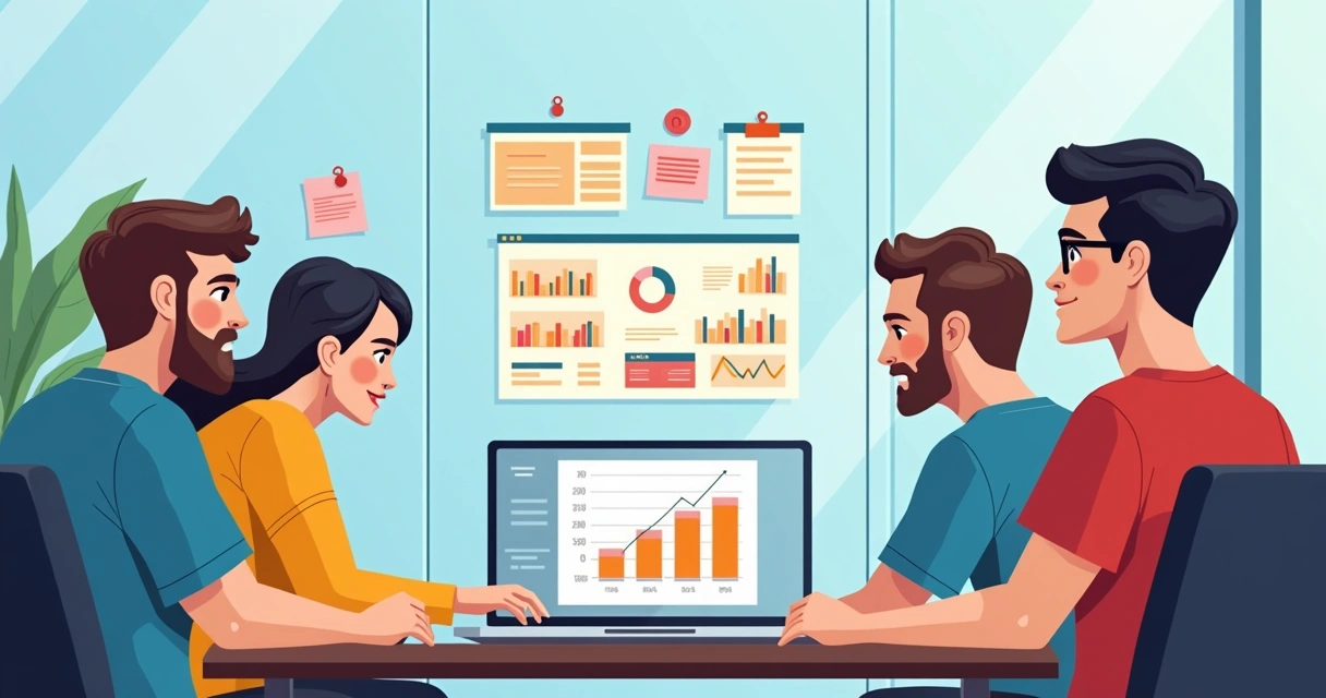 Equipe reunida em torno de um laptop analisando o fluxo de caixa no Excel 
