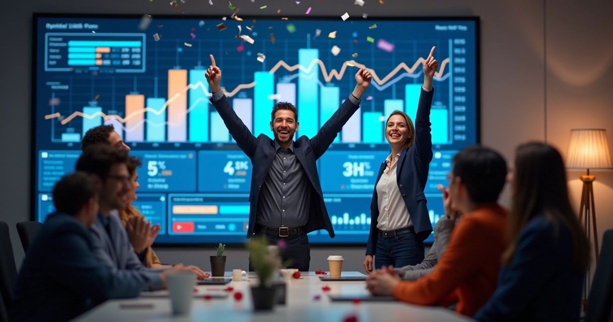 Contador comemorando sucesso digital com equipe 