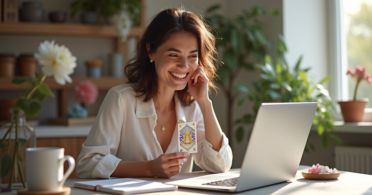 Pessoa sorridente segurando carta de baralho cigano perto de laptop 