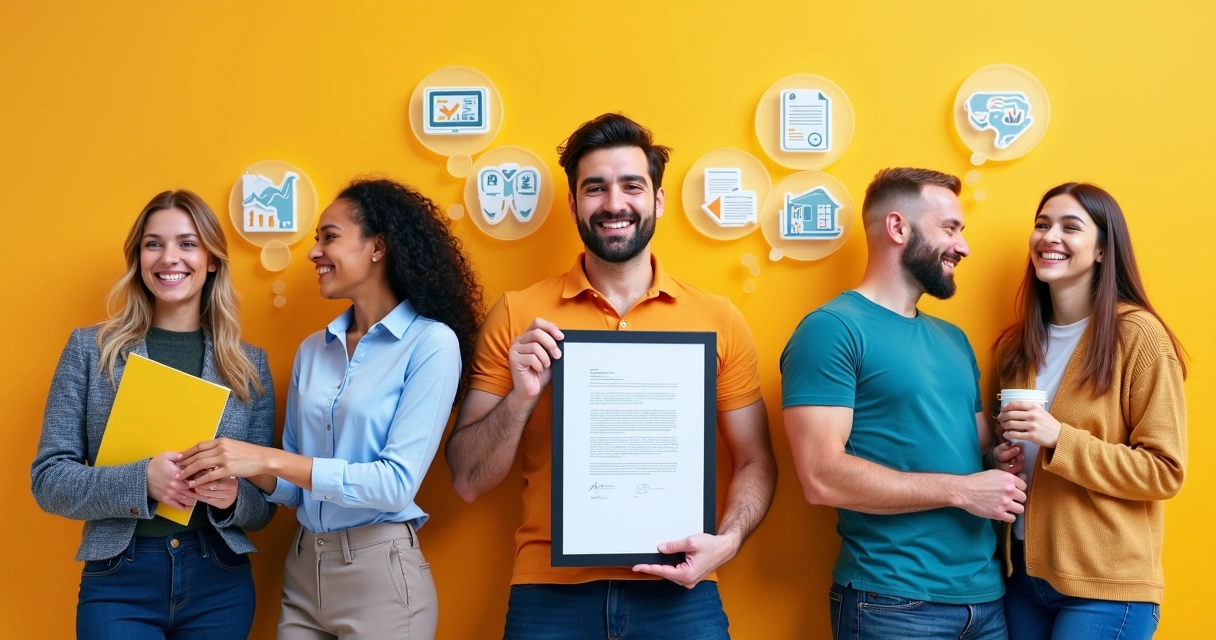 Collage de pequenas empresas com donos felizes, nota fiscal e computadores 