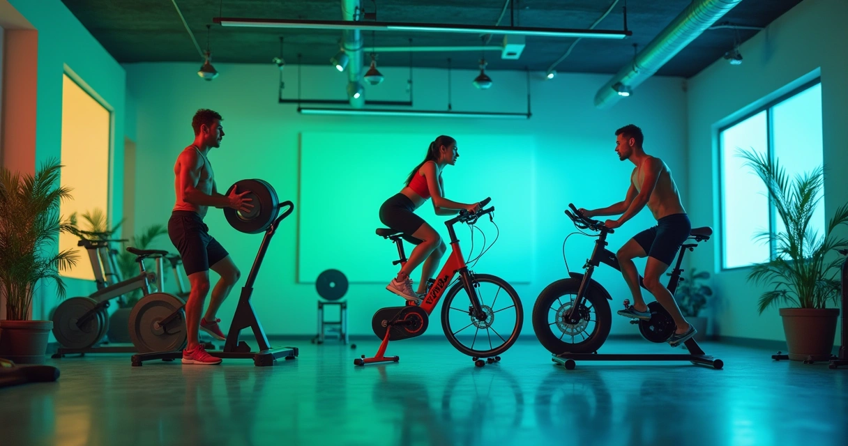Cena de uma academia com três atletas, demonstrando sucesso com suplementos em treinamento, em um ambiente energizante. 