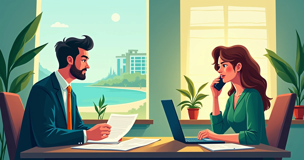 Ilustração de duas histórias de superação: Lucas com advogado e Ana com laptop, em ambientes inspiradores.