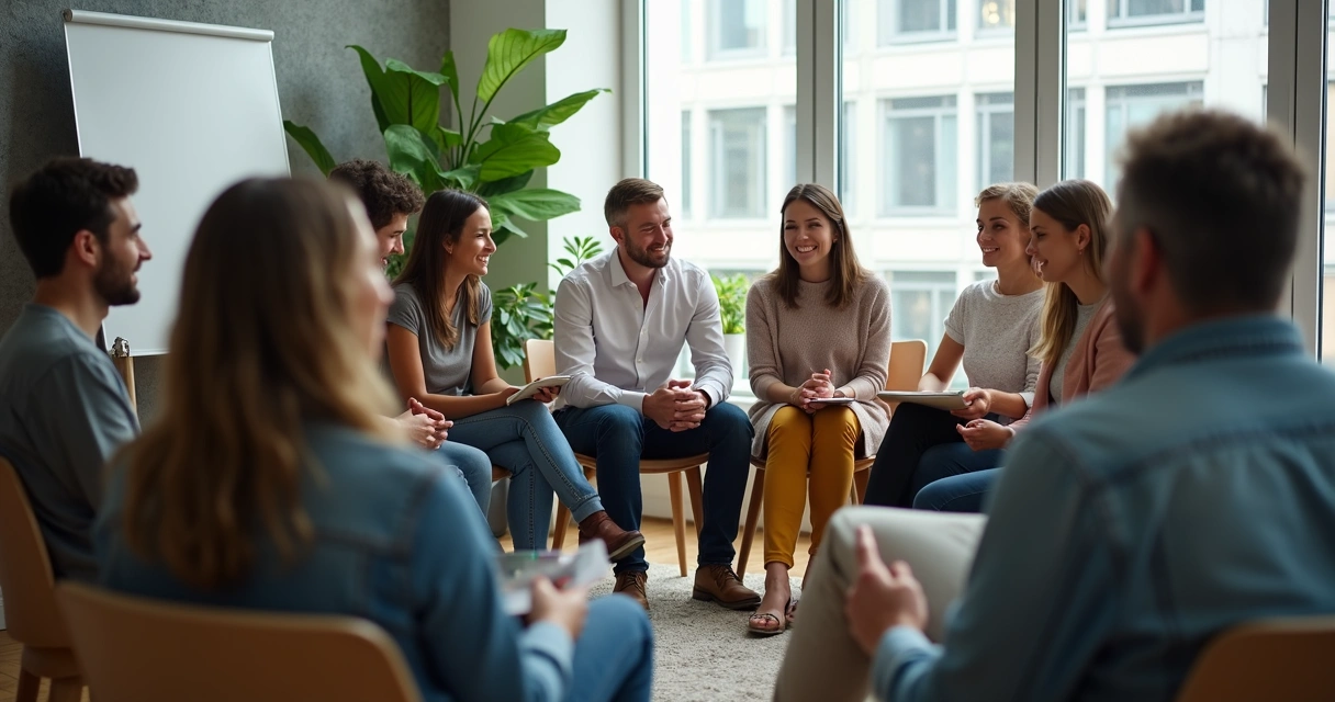 Equipe sentada em círculo compartilhando histórias em ambiente corporativo 