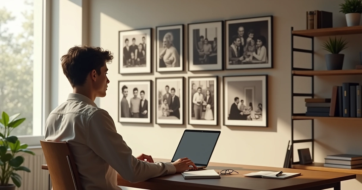 Jovem em escritório refletindo sobre fotos antigas da família na parede 
