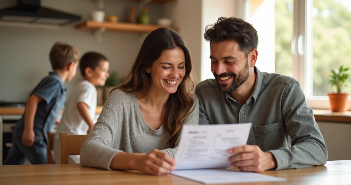 Casal aliviado após ler certidão de imóvel com família ao fundo 