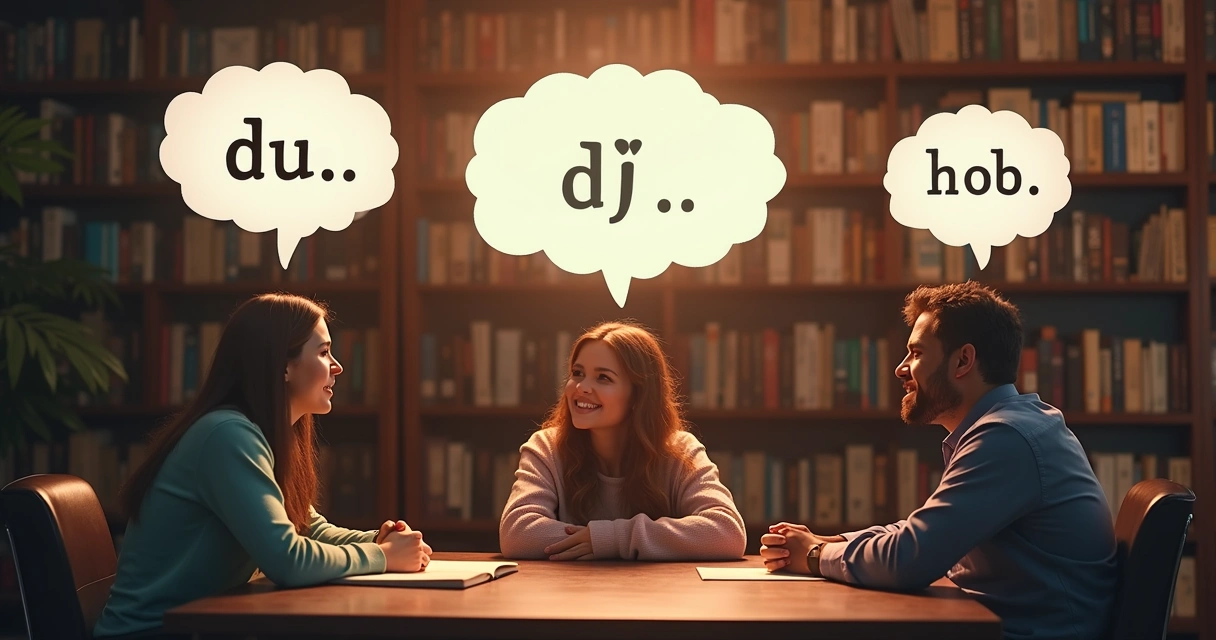 Tres personas conversando con burbujas de diálogo repetitivas