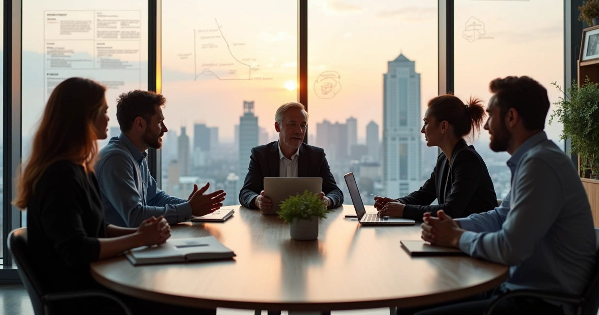 Profissionais em reunião refletindo histórias de vida no ambiente corporativo 