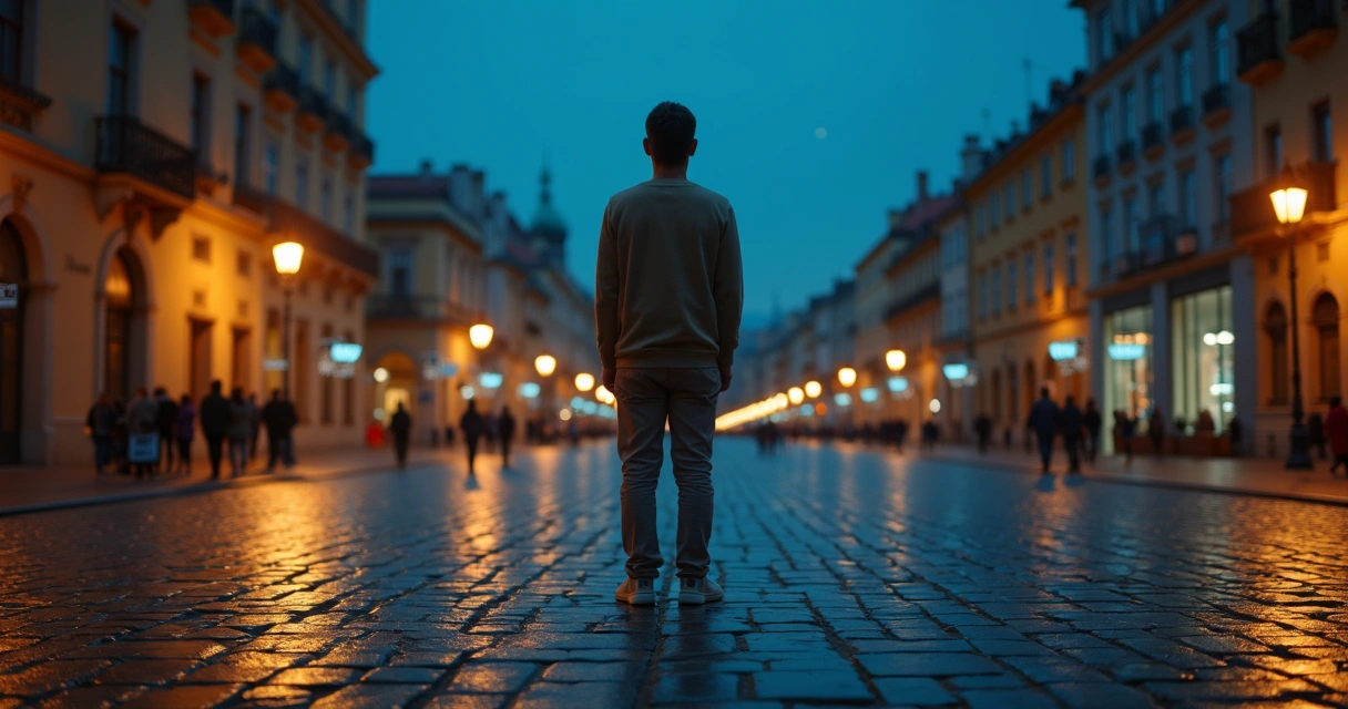 Person at nighttime crossroads with faint ancestral figures behind 